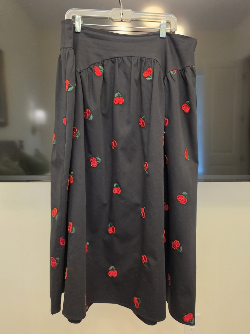 Anthropologie Avec Les Filles Black Skirt with Red Cherry Embroidery